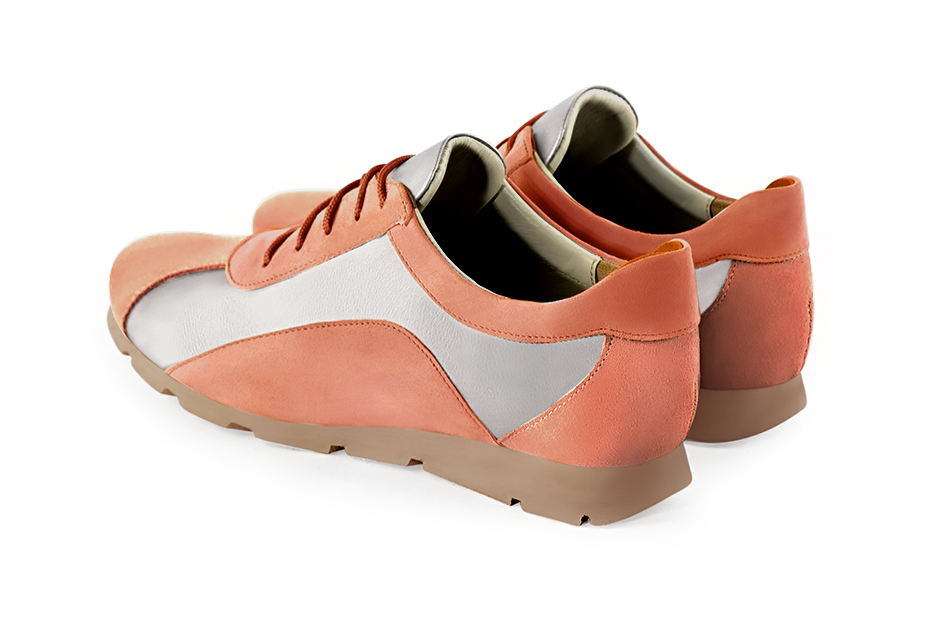 Peach orange and light silver women's three-tone elegant sneakers. Round toe. Flat rubber soles. Rear view - Florence KOOIJMAN
